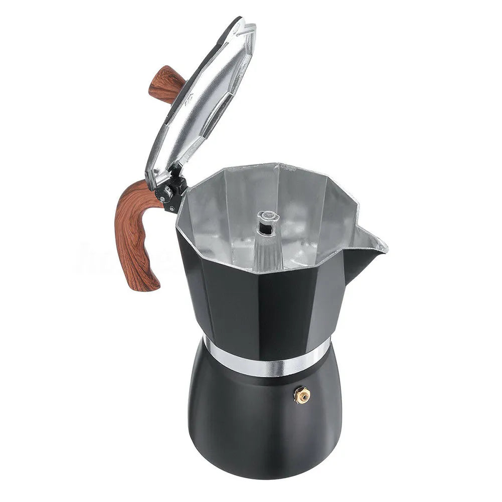 Italian style aluminium mocha coffee pot set with long handle in black, blue, red and white colours 150ml and 300ml
