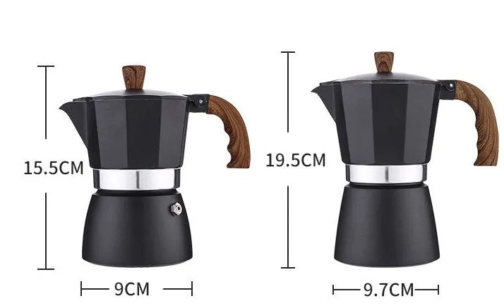Italian style aluminium mocha coffee pot set with long handle in black, blue, red and white colours 150ml and 300ml