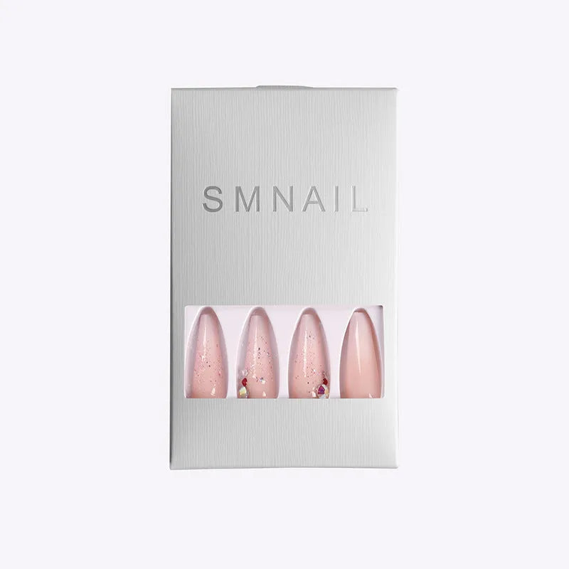 Box of 24 ballet gradient fake nails with smashed diamond powder in photo colour, trapezoid shape, ABS plastic