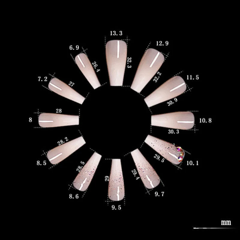 Box of 24 ballet gradient fake nails with smashed diamond powder in photo colour, trapezoid shape, ABS plastic