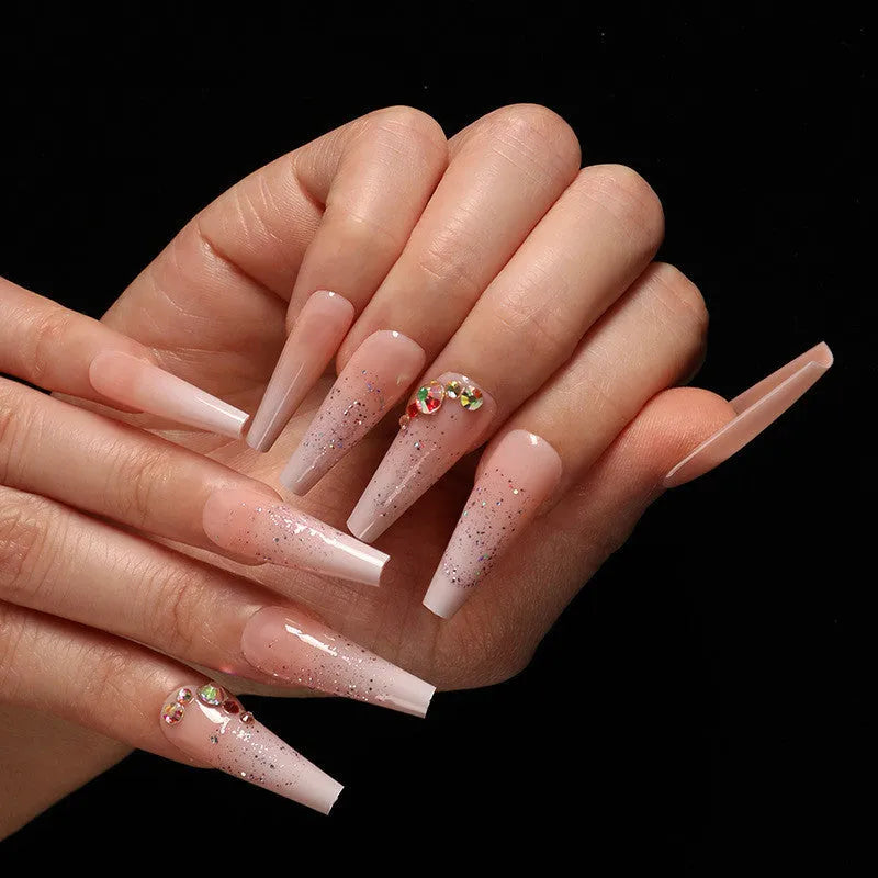 Box of 24 ballet gradient fake nails with smashed diamond powder in photo colour, trapezoid shape, ABS plastic