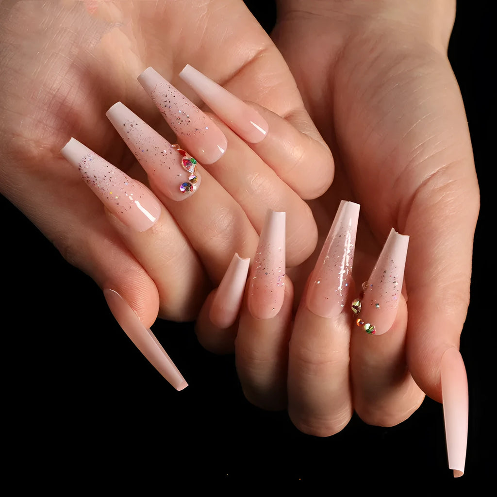 Box of 24 ballet gradient fake nails with smashed diamond powder in photo colour, trapezoid shape, ABS plastic