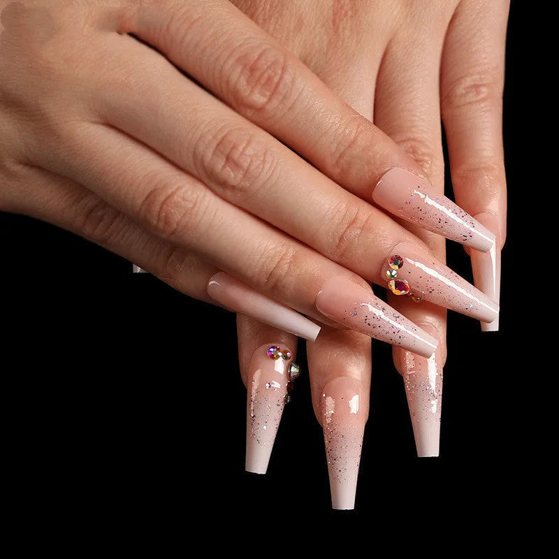 Box of 24 ballet gradient fake nails with smashed diamond powder in photo colour, trapezoid shape, ABS plastic