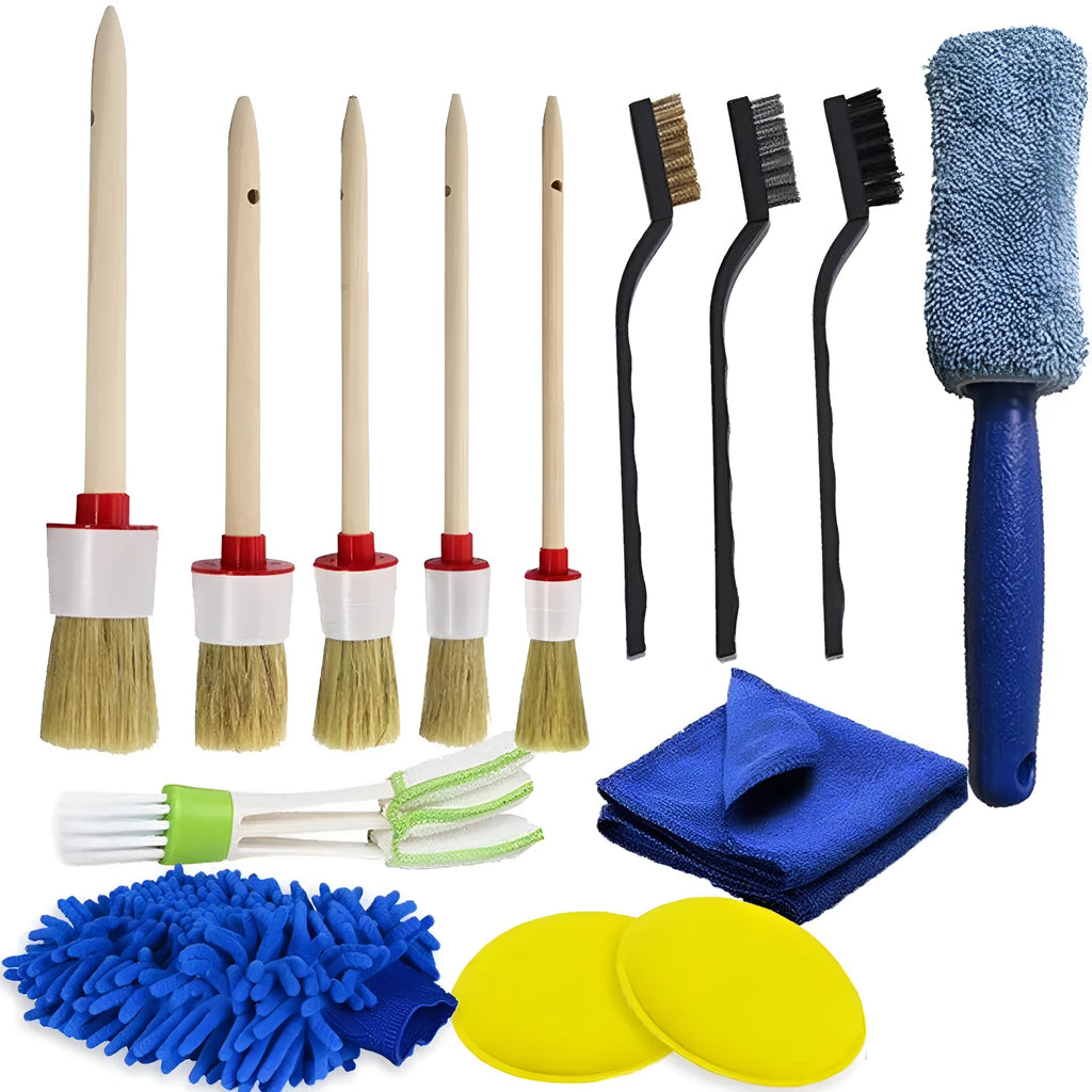 14-piece tire brush and car sponge brush set with wooden handles, PP bristles, and steel brushes on a surface