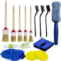 14-piece tire brush and car sponge brush set with wooden handles, PP bristles, and steel brushes on a surface