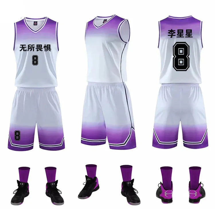 Gradient basketball jersey in black and white, front view, polyester fabric for sweat absorption