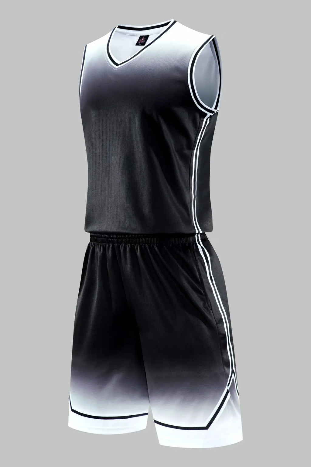 Gradient basketball jersey in black and white, front view, polyester fabric for sweat absorption