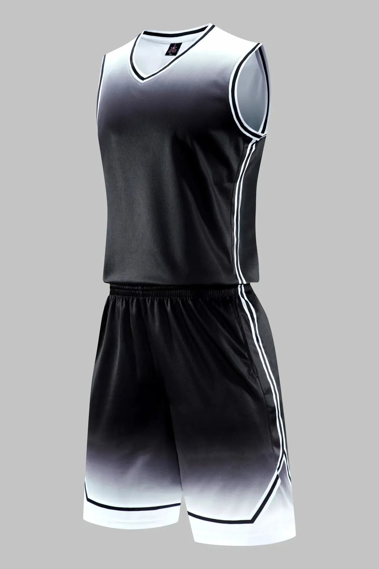 Gradient basketball jersey in black and white, front view, polyester fabric for sweat absorption