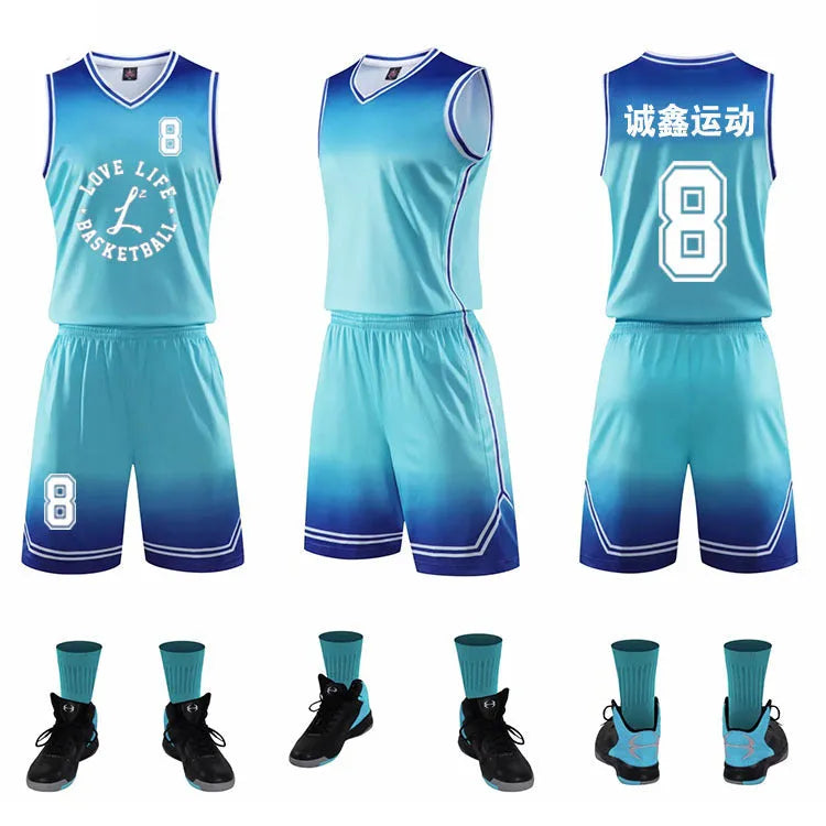 Gradient basketball jersey in black and white, front view, polyester fabric for sweat absorption