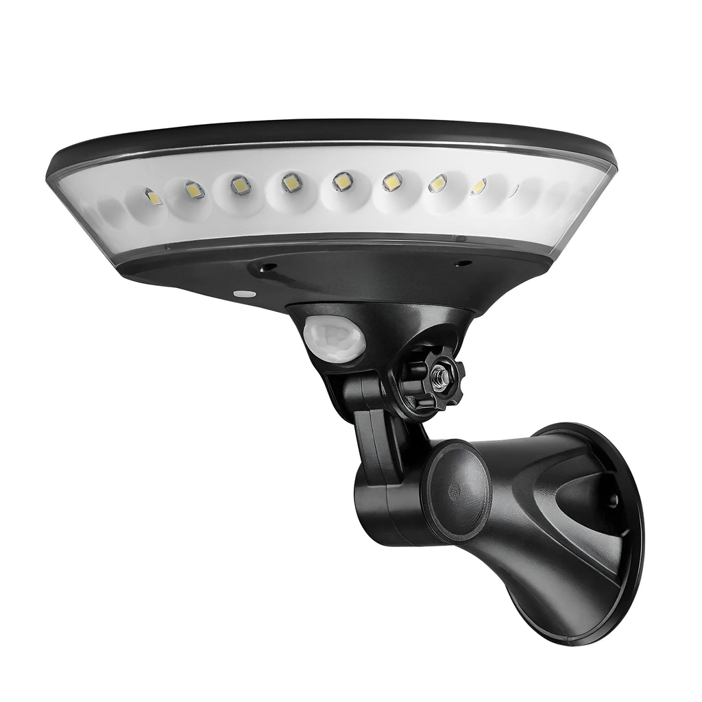 White solar-powered outdoor light with 360-degree LEDs and a top-mounted solar panel on a stake.