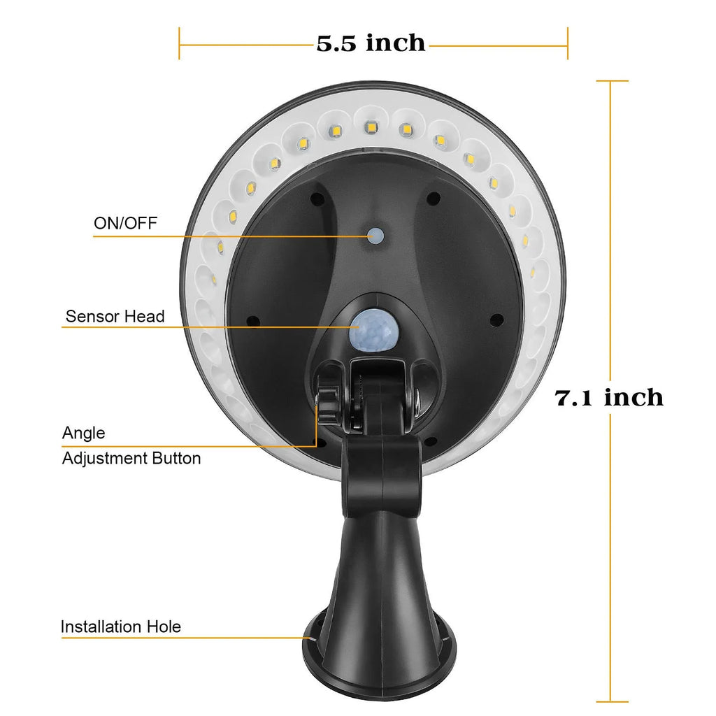 White solar-powered outdoor light with 360-degree LEDs and a top-mounted solar panel on a stake.