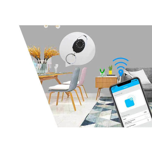 Black Bluetooth anti-lost tracker with metal keychain compatible with Apple iPhone for selfie remote