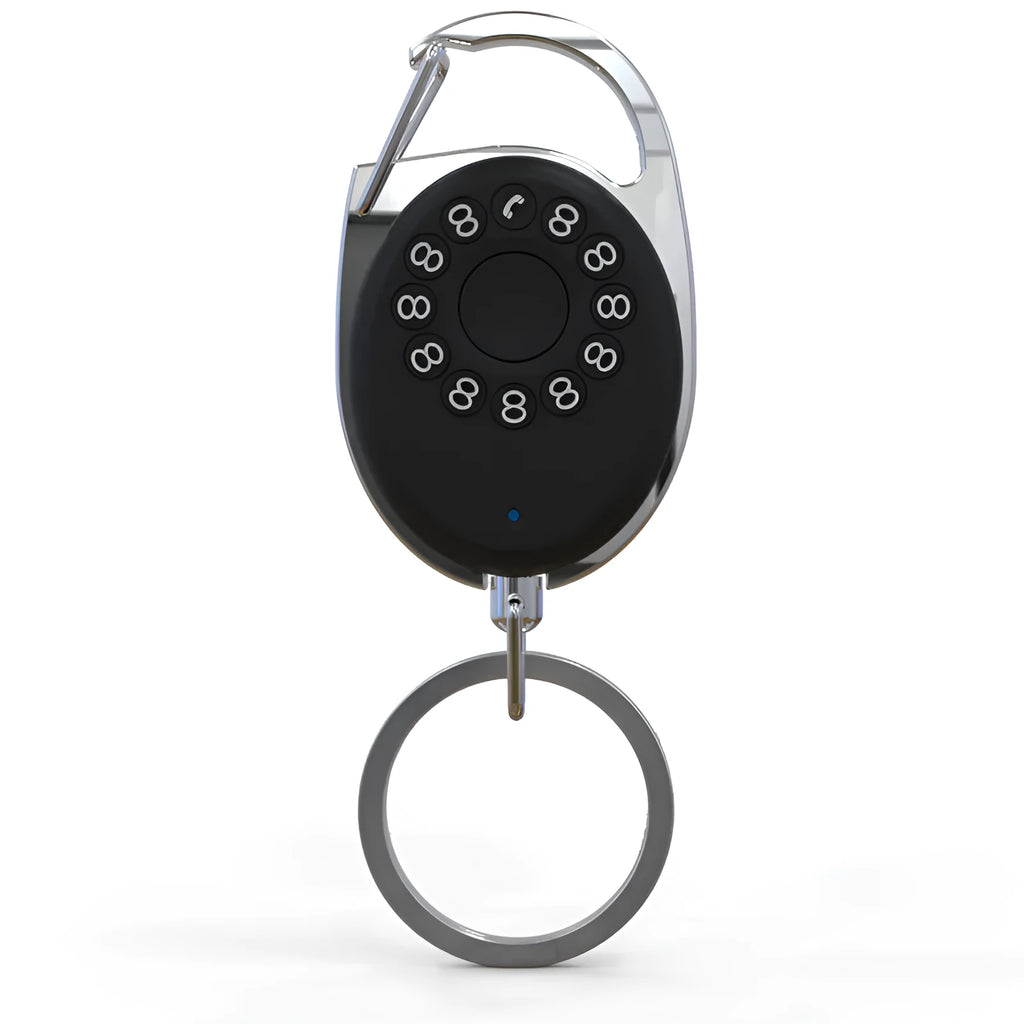 Black Bluetooth anti-lost tracker with metal keychain compatible with Apple iPhone for selfie remote