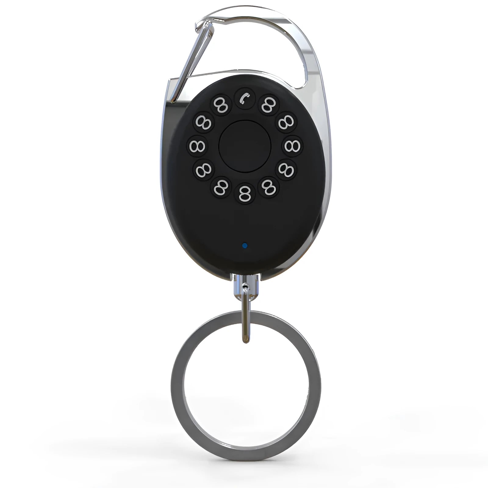 Black Bluetooth anti-lost tracker with metal keychain compatible with Apple iPhone for selfie remote
