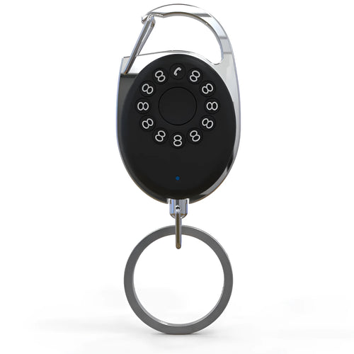 Black Bluetooth anti-lost tracker with metal keychain compatible with Apple iPhone for selfie remote