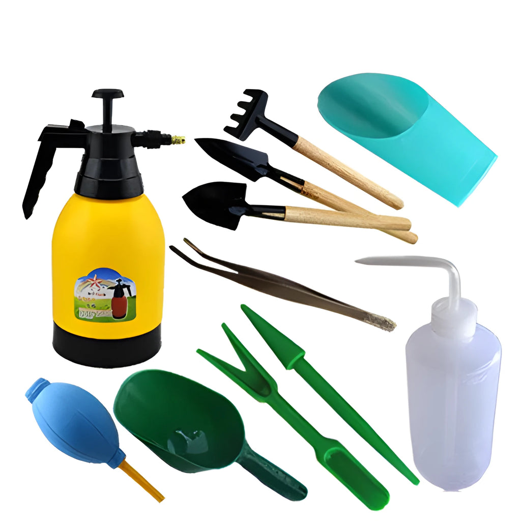 Succulent gardening tools set with non-woven fabric tweezers, small shovel rake, and spray bottle on green background