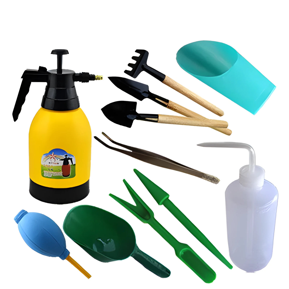 Succulent gardening tools set with non-woven fabric tweezers, small shovel rake, and spray bottle on green background