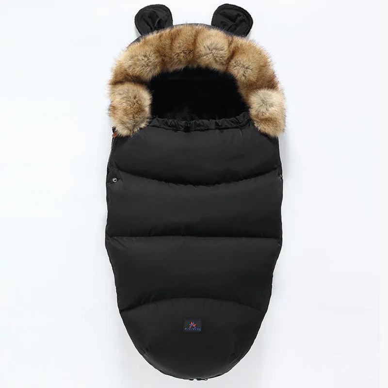 Convertible baby sleeping bag cocoon in a pram, showing cotton blend fabric and flannel lining.