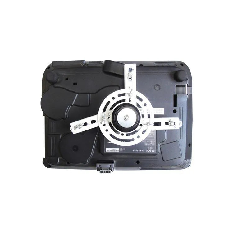 Electric projector lifting hanger with thin metal chassis and wireless remote on a white background