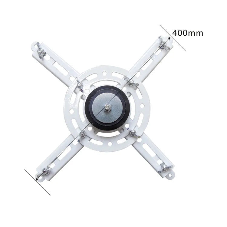 Electric projector lifting hanger with thin metal chassis and wireless remote on a white background