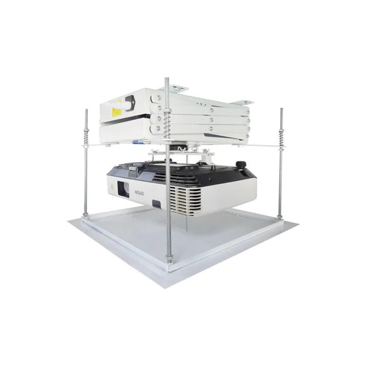 Electric projector lifting hanger with thin metal chassis and wireless remote on a white background