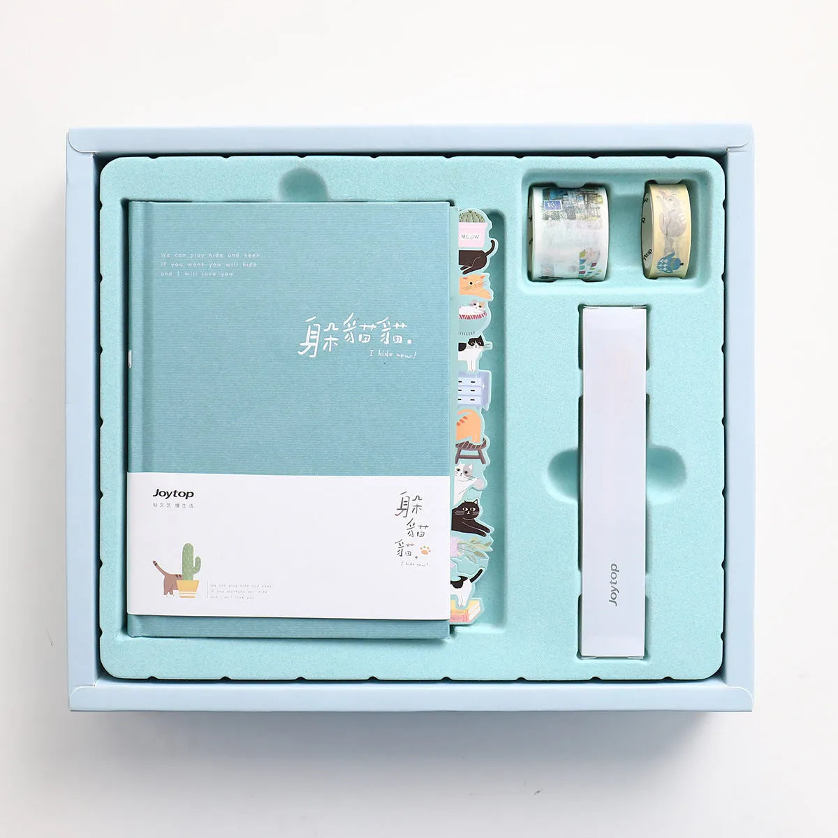 Peekaboo gift box containing an A5 wire-o bound notebook and a pen