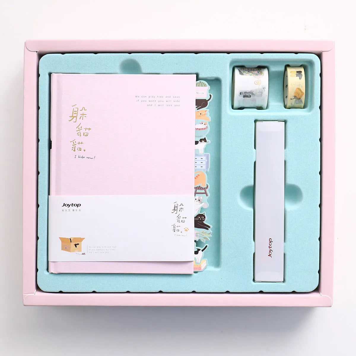 Peekaboo gift box containing an A5 wire-o bound notebook and a pen
