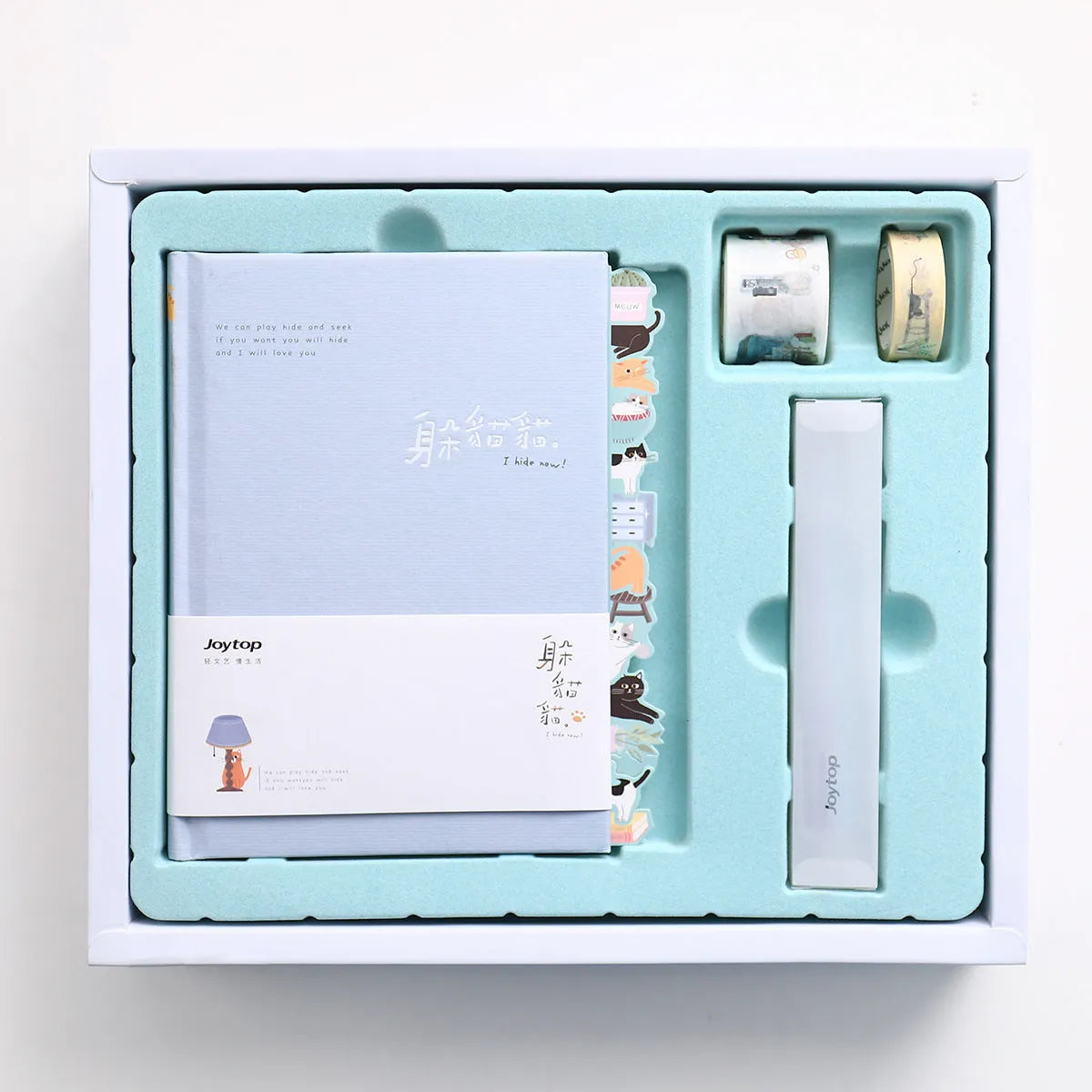 Peekaboo gift box containing an A5 wire-o bound notebook and a pen