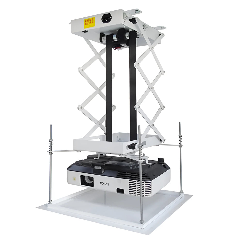 Electric projector lifting hanger with thin metal chassis and wireless remote on a white background