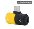 Blue and yellow 2-in-1 charging and audio adapter cable for Huawei phones next to a mobile device.