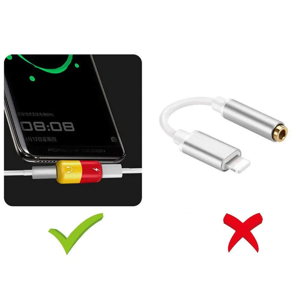 Blue and yellow 2-in-1 charging and audio adapter cable for Huawei phones next to a mobile device.
