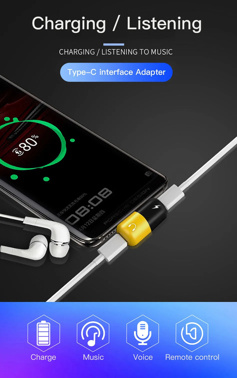 Blue and yellow 2-in-1 charging and audio adapter cable for Huawei phones next to a mobile device.