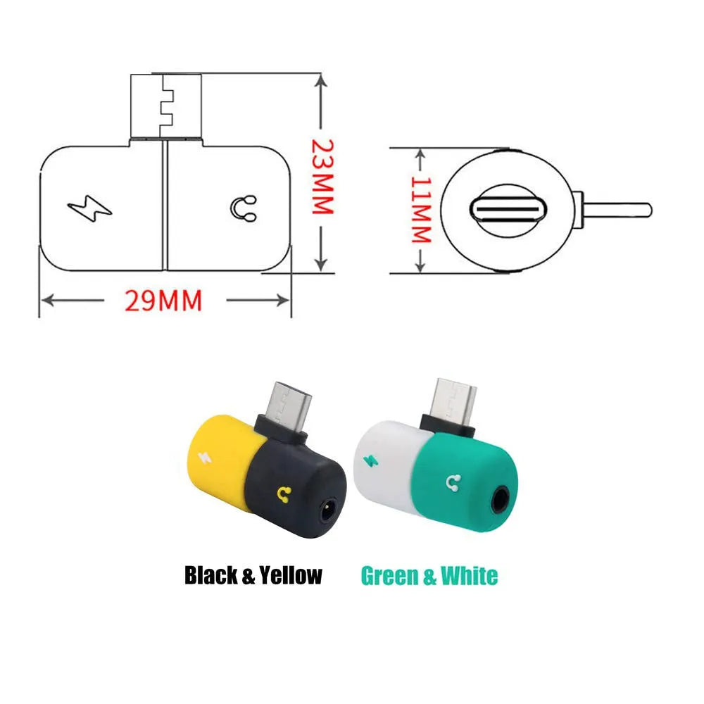 Blue and yellow 2-in-1 charging and audio adapter cable for Huawei phones next to a mobile device.