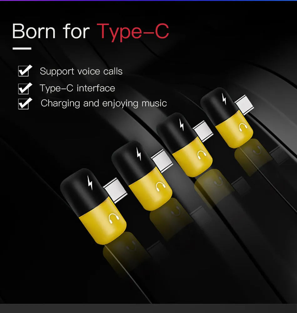 Blue and yellow 2-in-1 charging and audio adapter cable for Huawei phones next to a mobile device.