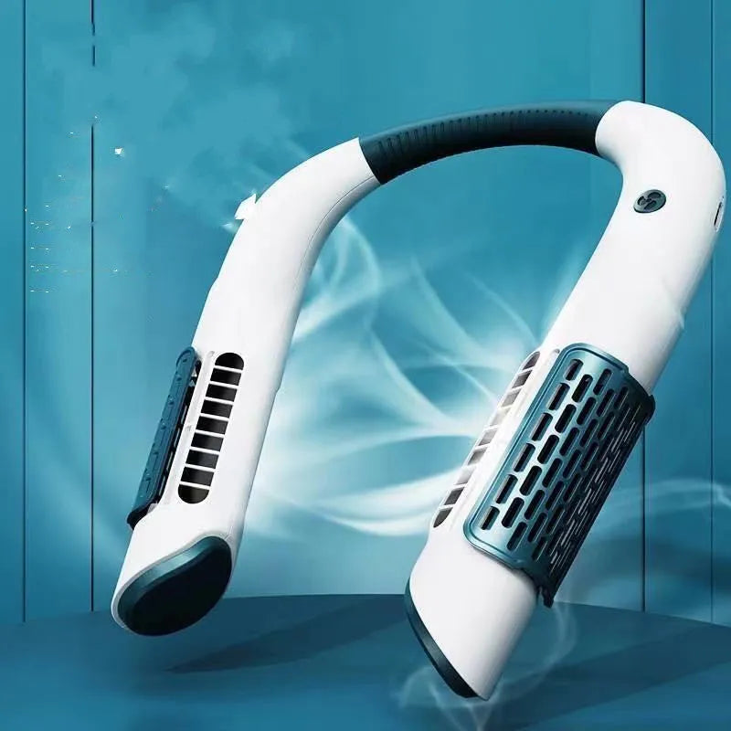 Mini bladeless neck fan USB rechargeable with 3 speed settings, 2000mAh battery, 223x190mm, white green colour
