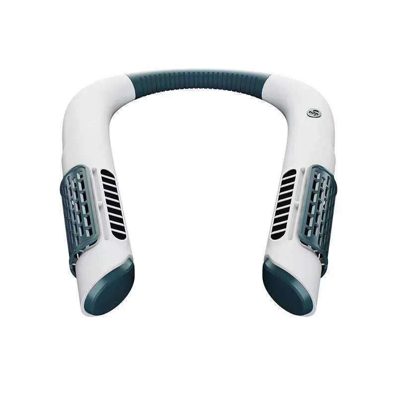 Mini bladeless neck fan USB rechargeable with 3 speed settings, 2000mAh battery, 223x190mm, white green colour