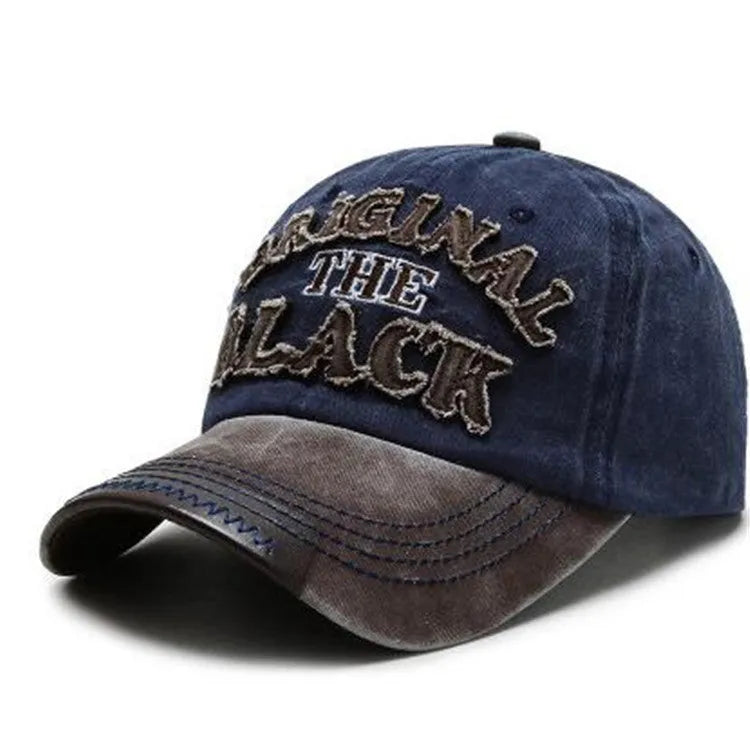 Men's cotton baseball cap with letter pattern, tapered crown, short brim, available in multiple colours