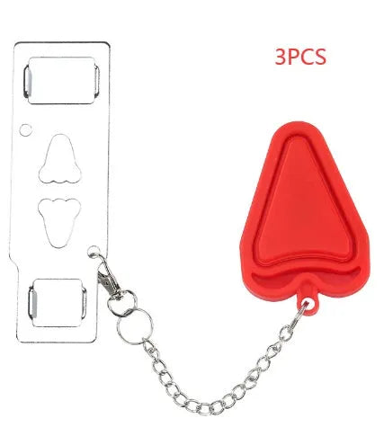 Red portable door safety latch lock with chrome plating installed on interior door jam for anti theft use