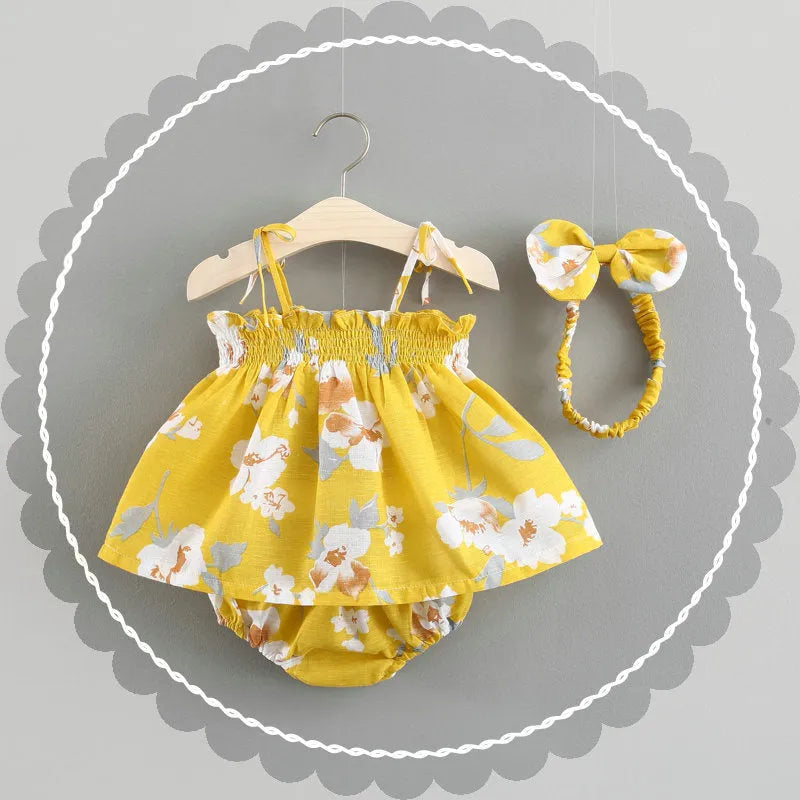 Baby summer cotton strap dress with flower pattern in blue, pink, yellow colours sizes 70-100cm
