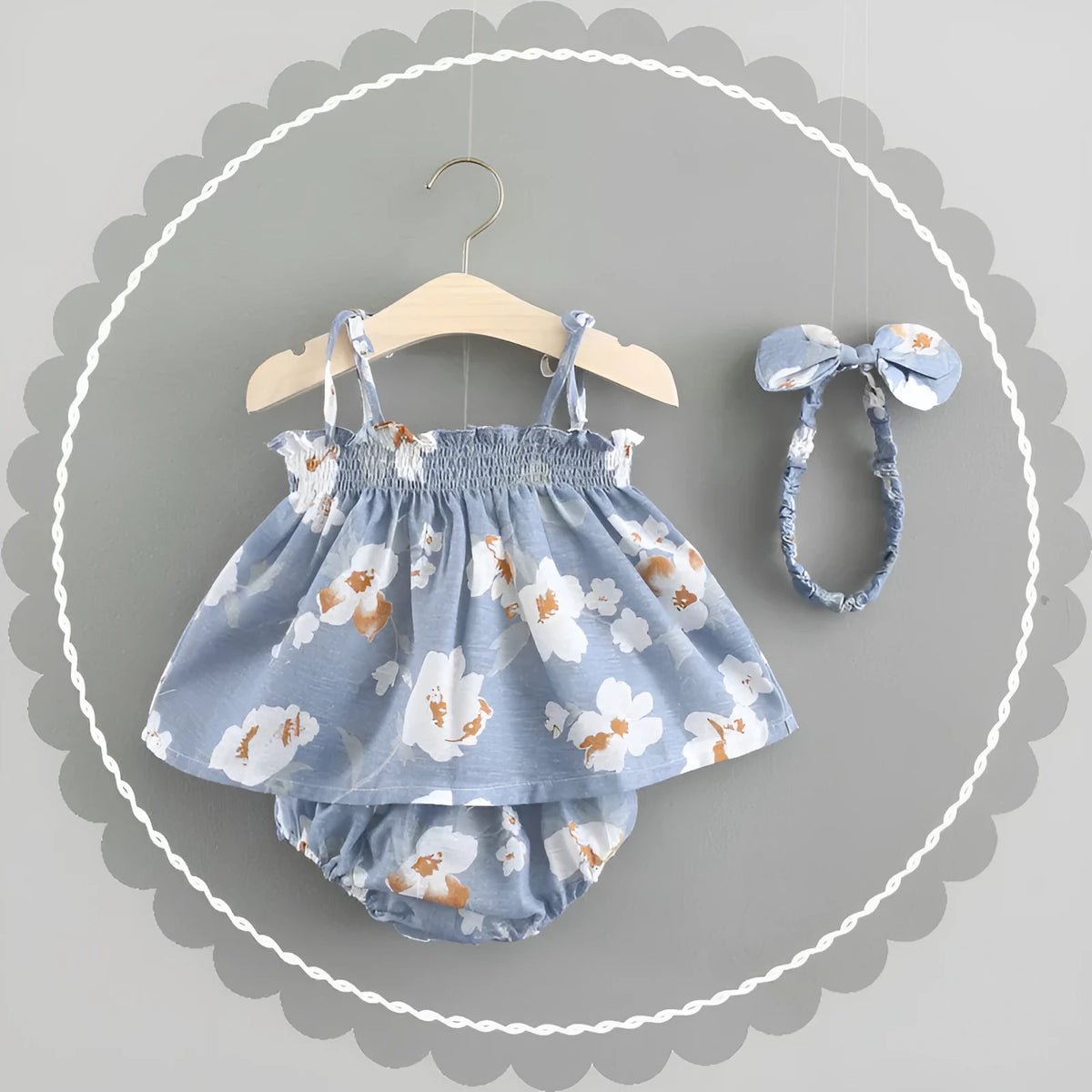 Baby summer cotton strap dress with flower pattern in blue, pink, yellow colours sizes 70-100cm