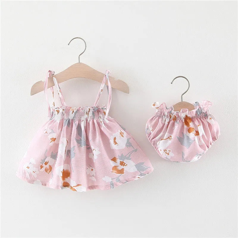 Baby summer cotton strap dress with flower pattern in blue, pink, yellow colours sizes 70-100cm