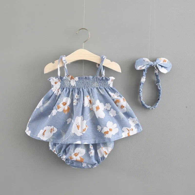 Baby summer cotton strap dress with flower pattern in blue, pink, yellow colours sizes 70-100cm