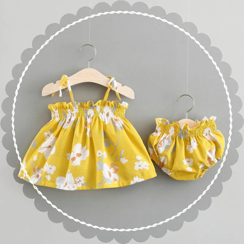 Baby summer cotton strap dress with flower pattern in blue, pink, yellow colours sizes 70-100cm