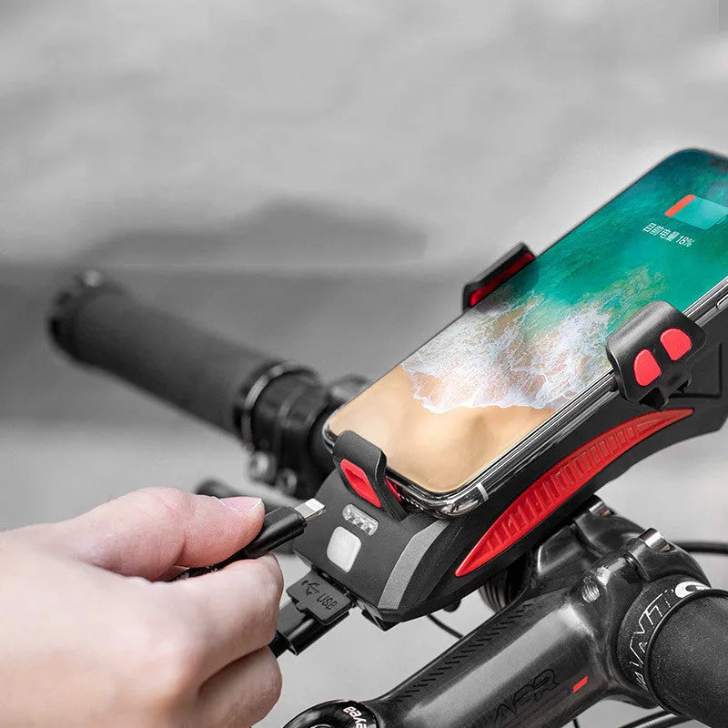 4 in 1 cycling phone holder with strong front light, 4000mAh battery, 400 lumens, ABS construction, black finish