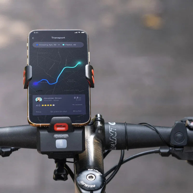 4 in 1 cycling phone holder with strong front light, 4000mAh battery, 400 lumens, ABS construction, black finish