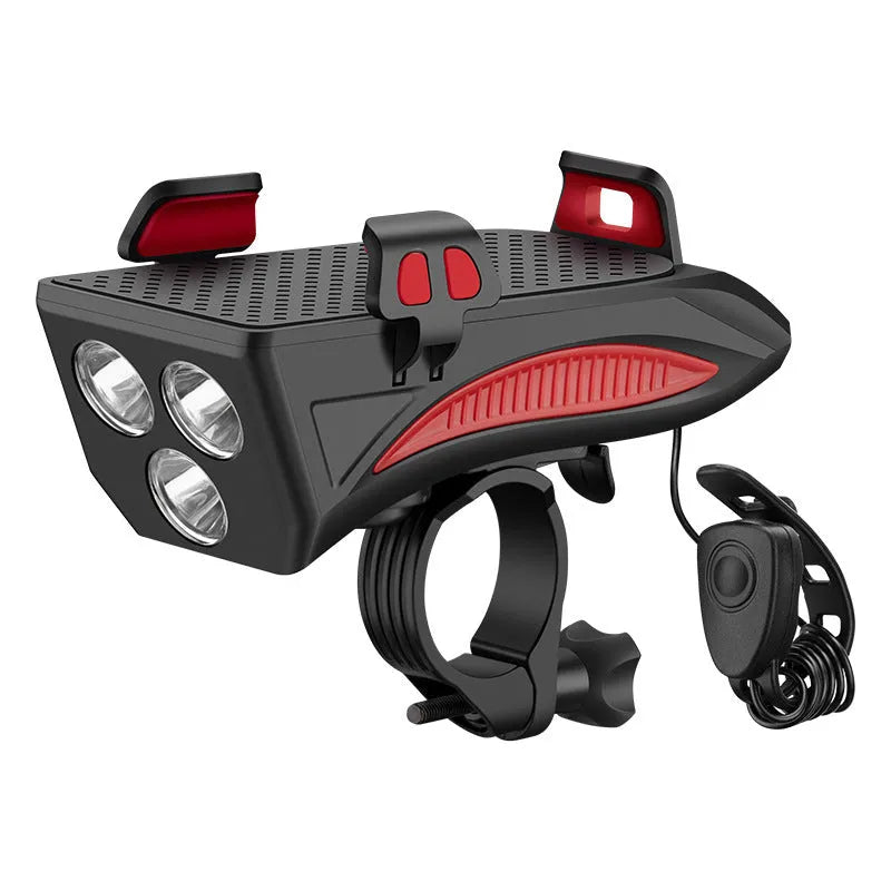 4 in 1 cycling phone holder with strong front light, 4000mAh battery, 400 lumens, ABS construction, black finish