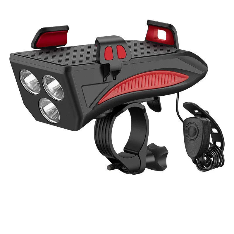 4 in 1 cycling phone holder with strong front light, 4000mAh battery, 400 lumens, ABS construction, black finish