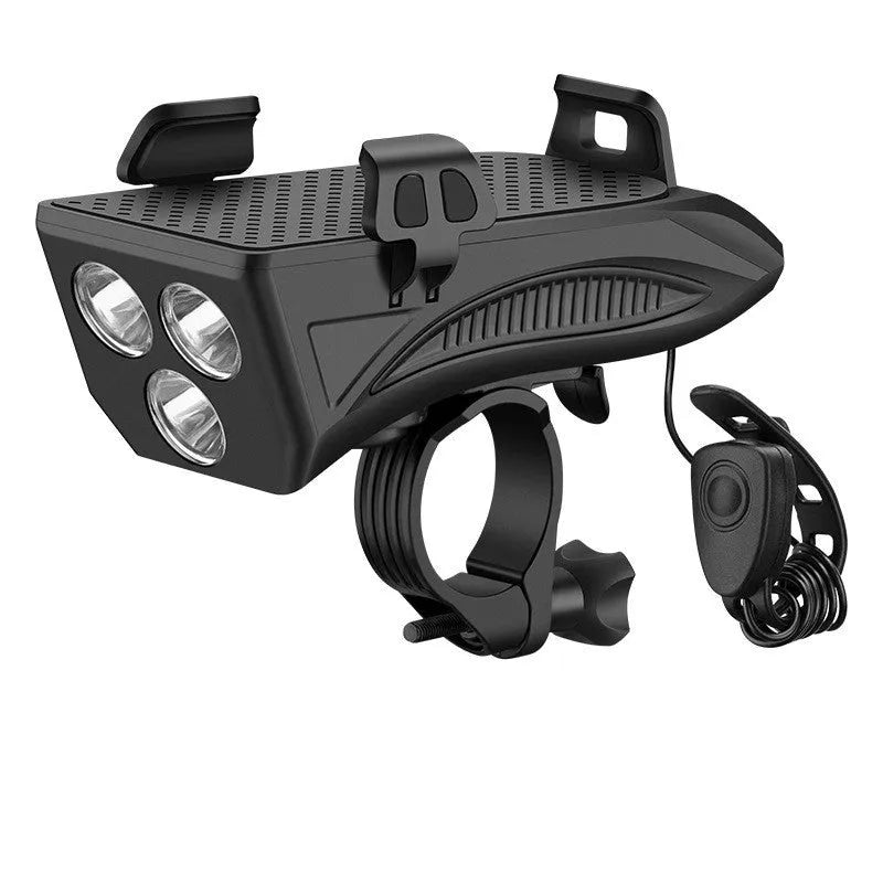4 in 1 cycling phone holder with strong front light, 4000mAh battery, 400 lumens, ABS construction, black finish
