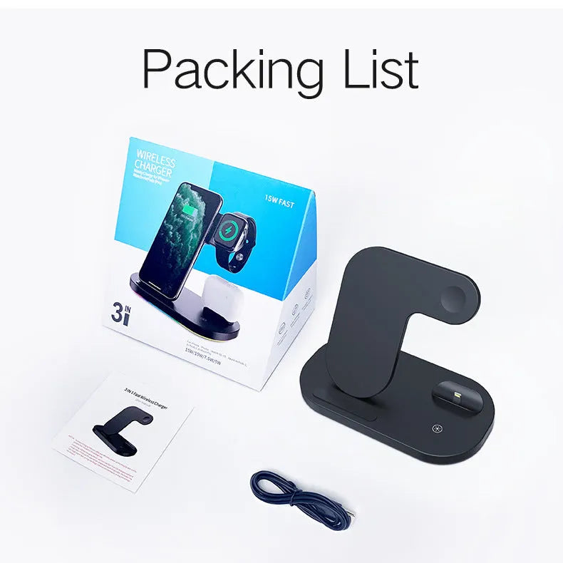 Black folding 3-in-1 wireless charging station showing iPhone, Apple Watch, and AirPods Pro charging simultaneously.