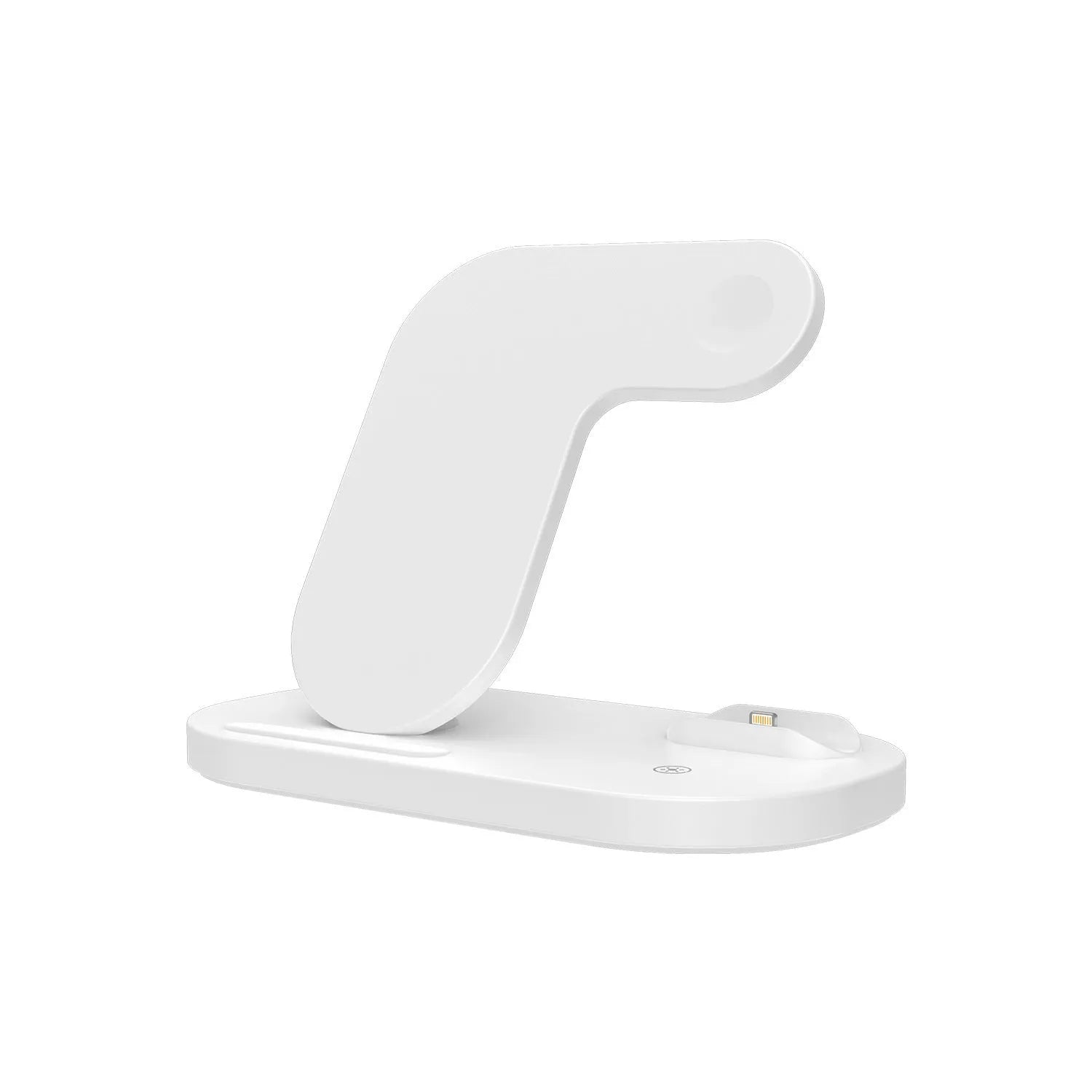 Black folding 3-in-1 wireless charging station showing iPhone, Apple Watch, and AirPods Pro charging simultaneously.
